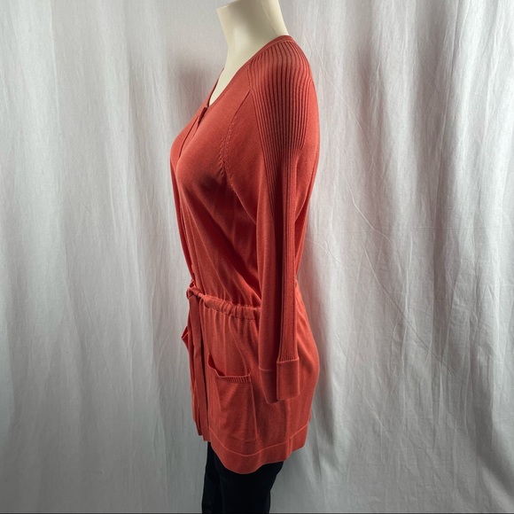Amber Sun Burnt Orange Button Up Cardigan with Drawstring Belt and Patch Pockets - Picture 4 of 10